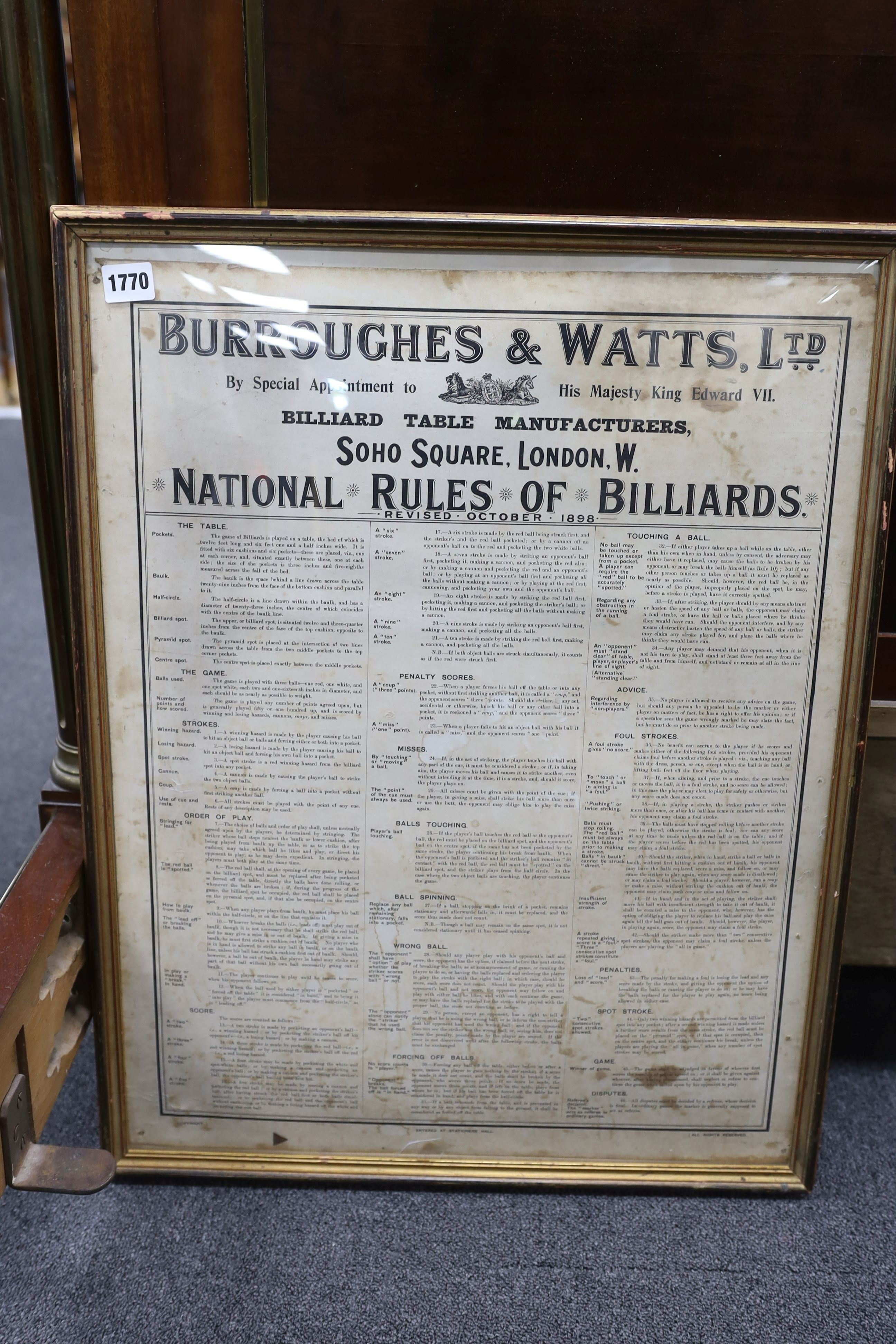 An early 20th century Burroughes & Watts mahogany snooker scoreboard and framed rules